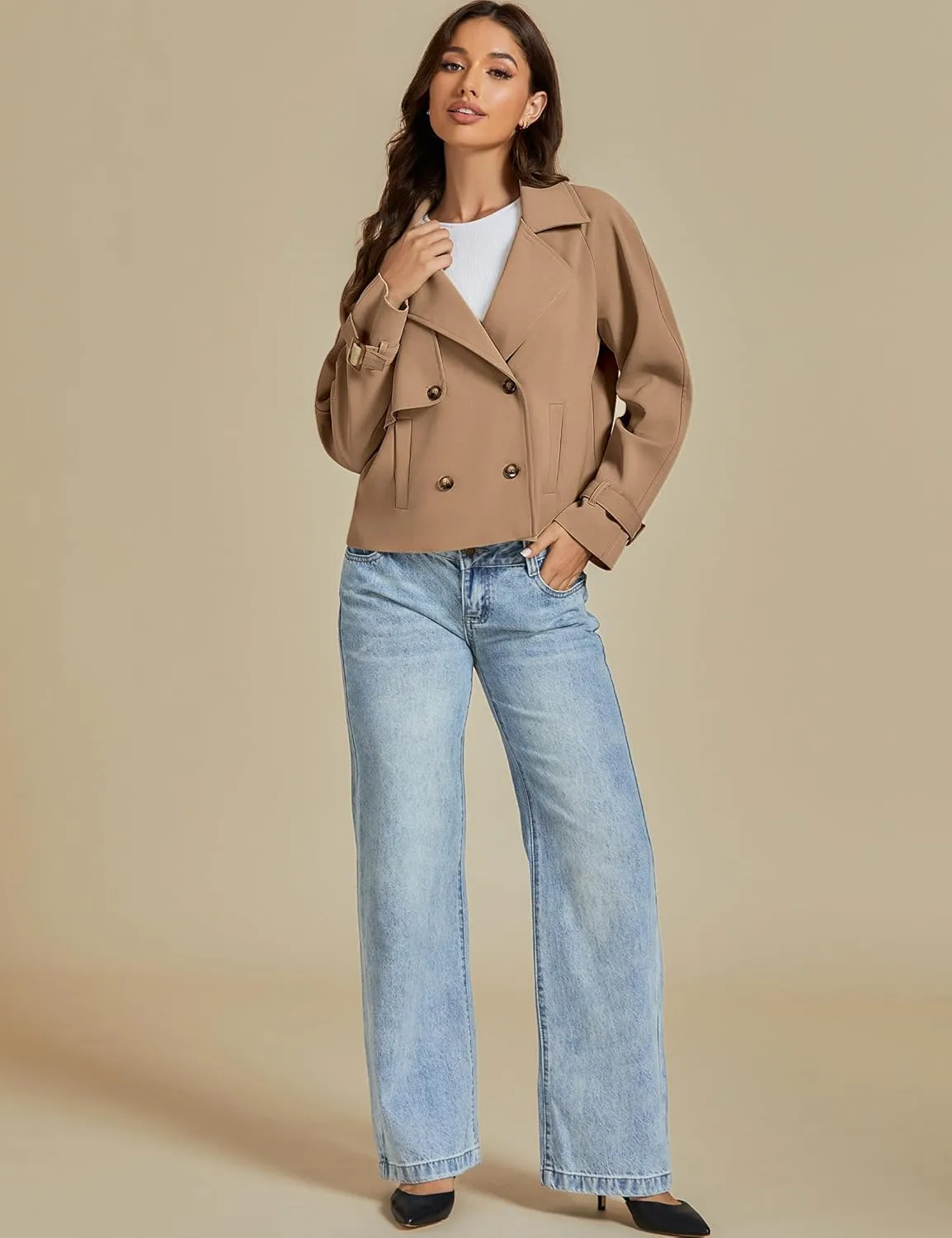luvamia Cropped Trench Coat for Women Long Sleeve Double Breasted Notched Lapel Casual Loose Fit Jackets with Pockets
