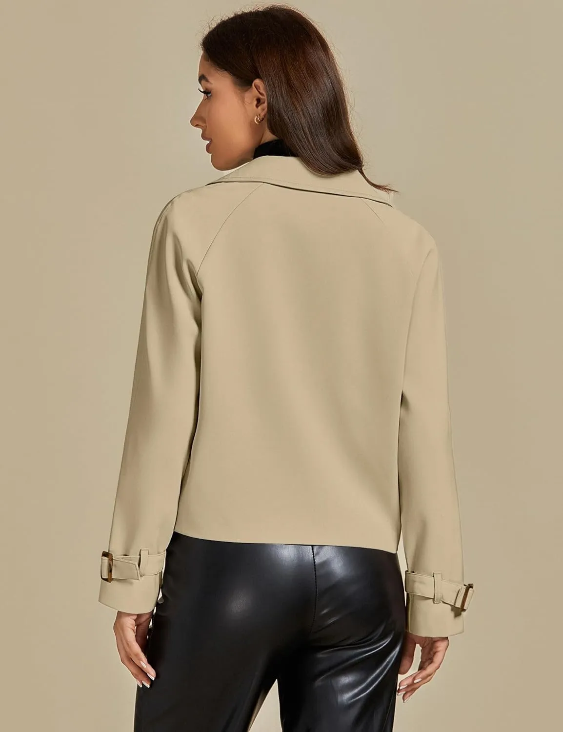 luvamia Cropped Trench Coat for Women Long Sleeve Double Breasted Notched Lapel Casual Loose Fit Jackets with Pockets