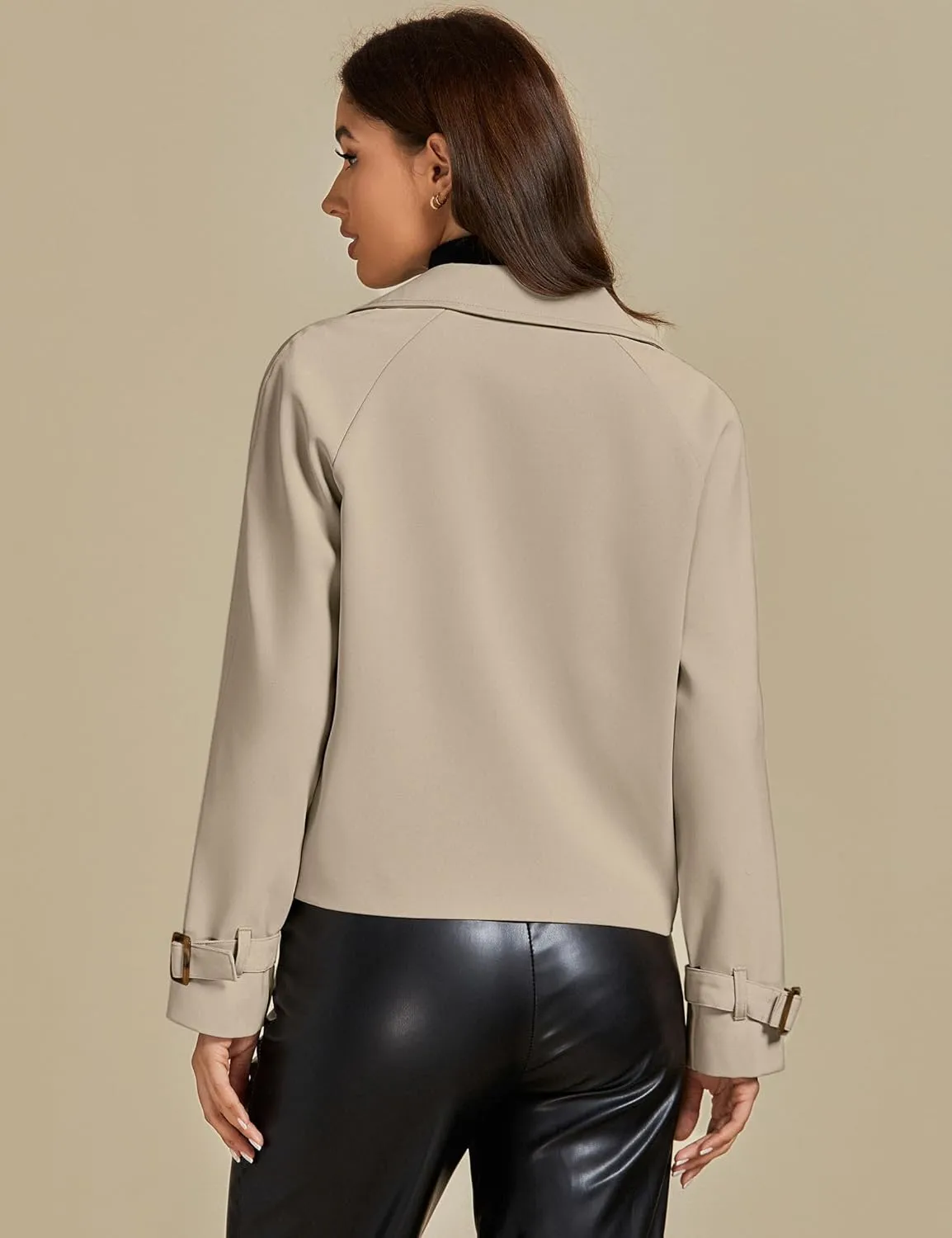 luvamia Cropped Trench Coat for Women Long Sleeve Double Breasted Notched Lapel Casual Loose Fit Jackets with Pockets