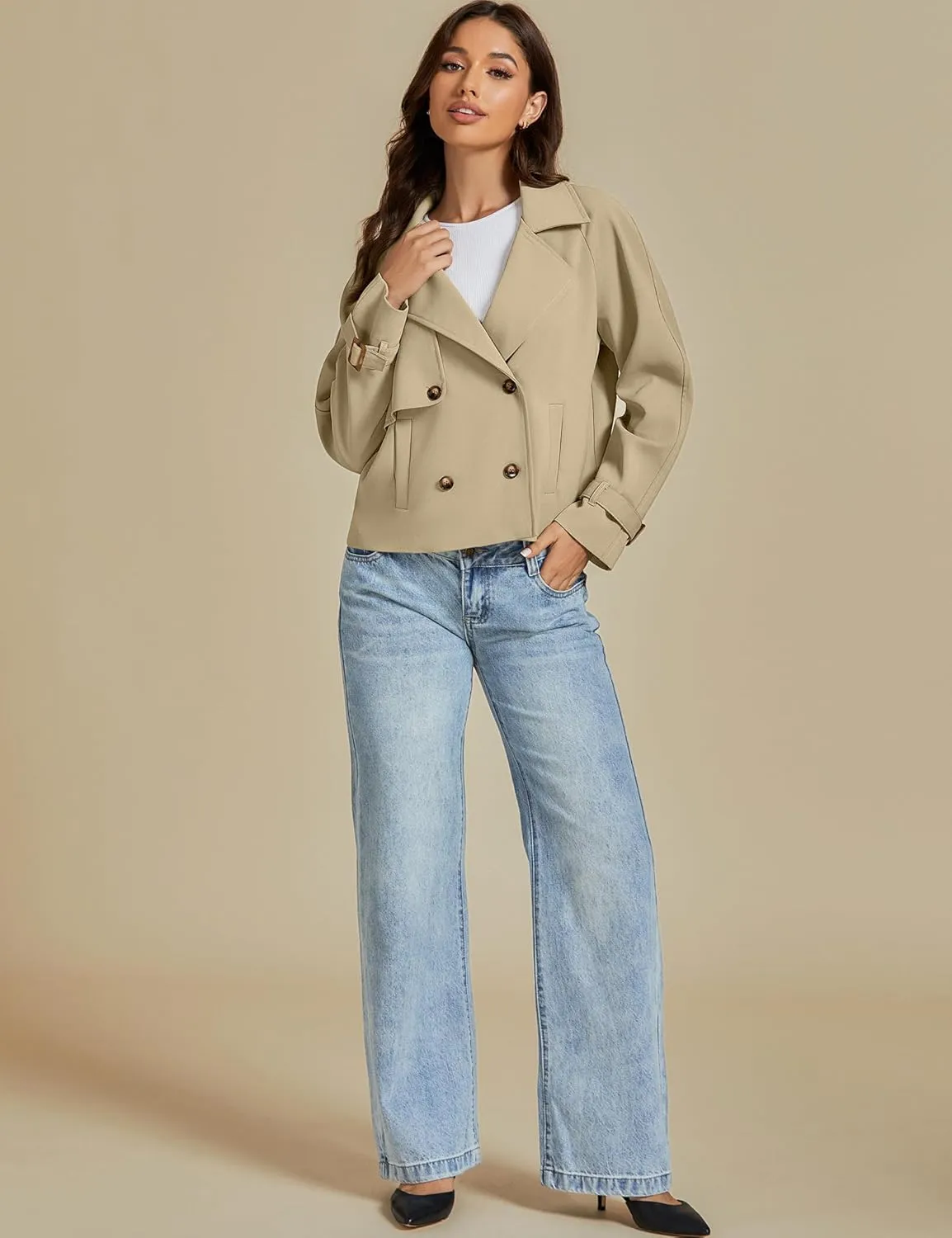 luvamia Cropped Trench Coat for Women Long Sleeve Double Breasted Notched Lapel Casual Loose Fit Jackets with Pockets