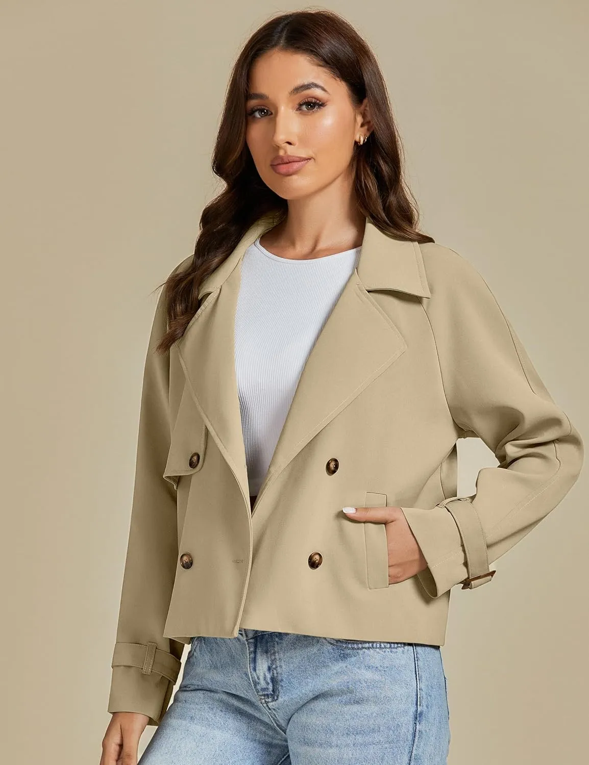 luvamia Cropped Trench Coat for Women Long Sleeve Double Breasted Notched Lapel Casual Loose Fit Jackets with Pockets