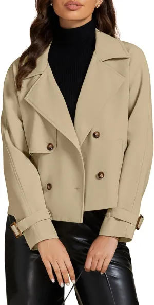 luvamia Cropped Trench Coat for Women Long Sleeve Double Breasted Notched Lapel Casual Loose Fit Jackets with Pockets