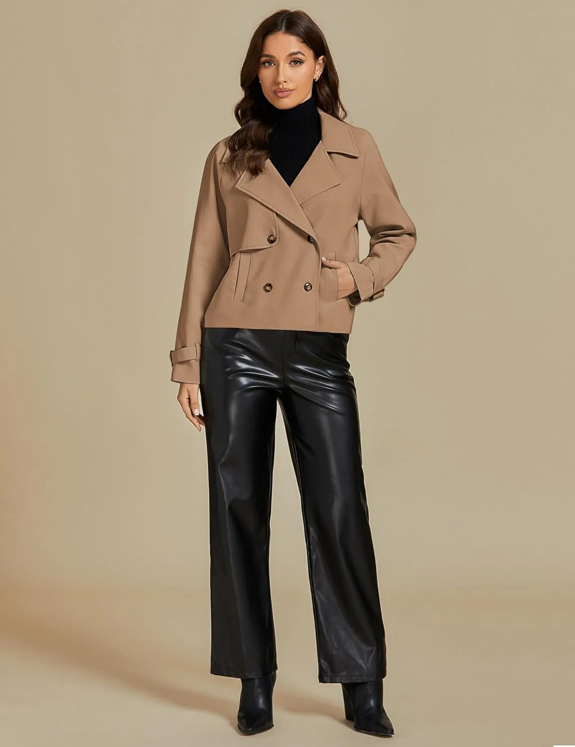 luvamia Cropped Trench Coat for Women Long Sleeve Double Breasted Notched Lapel Casual Loose Fit Jackets with Pockets