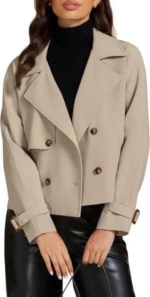 luvamia Cropped Trench Coat for Women Long Sleeve Double Breasted Notched Lapel Casual Loose Fit Jackets with Pockets