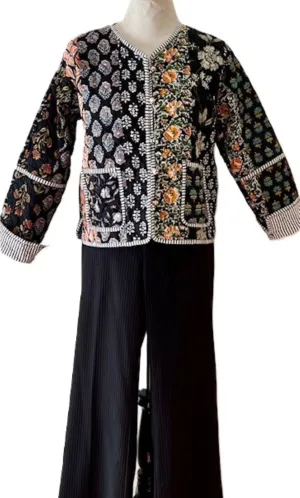 Luxe Reversible Cotton Quilted  Womens Jacket With Stripe Piping (Black)