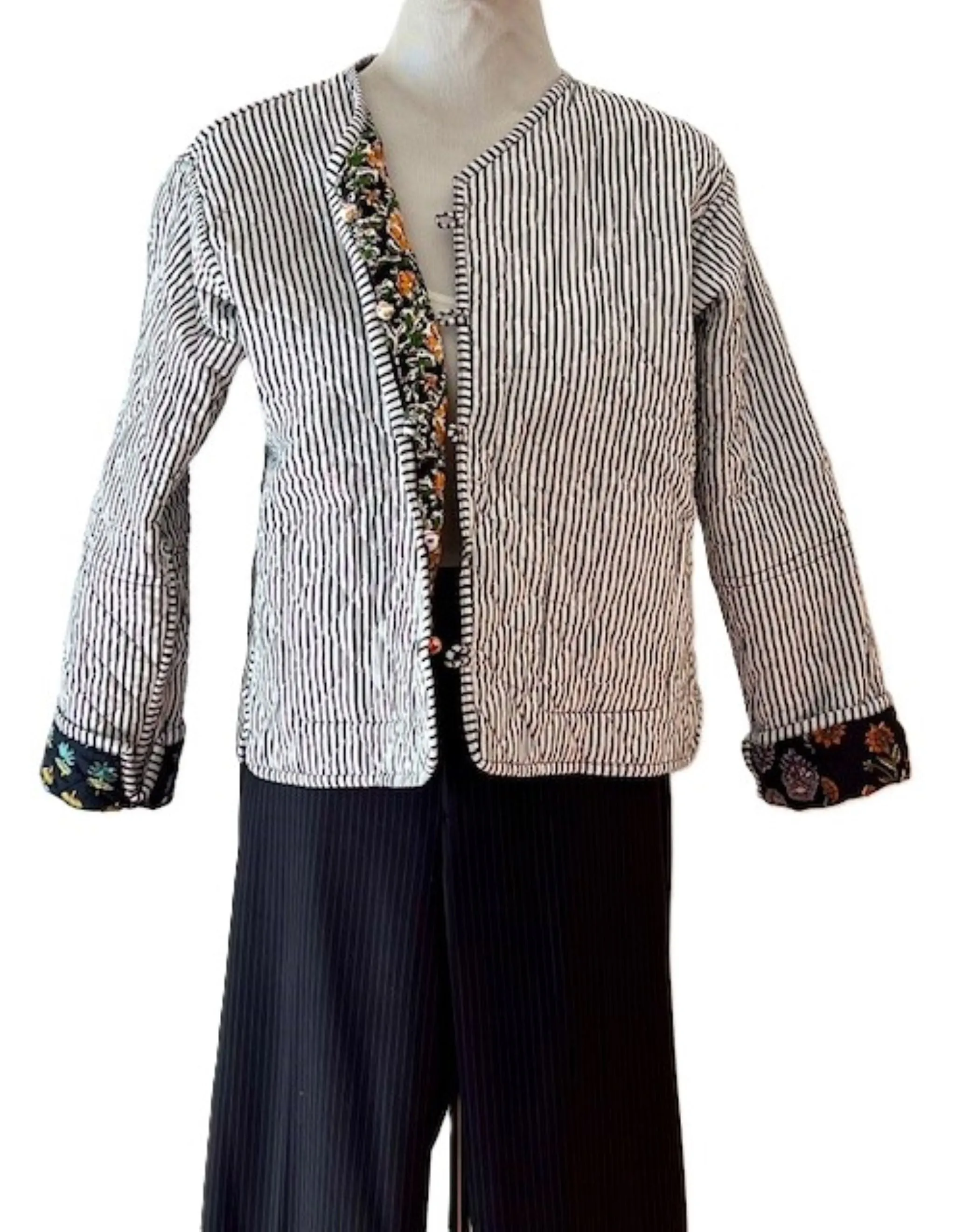 Luxe Reversible Cotton Quilted  Womens Jacket With Stripe Piping (Black)