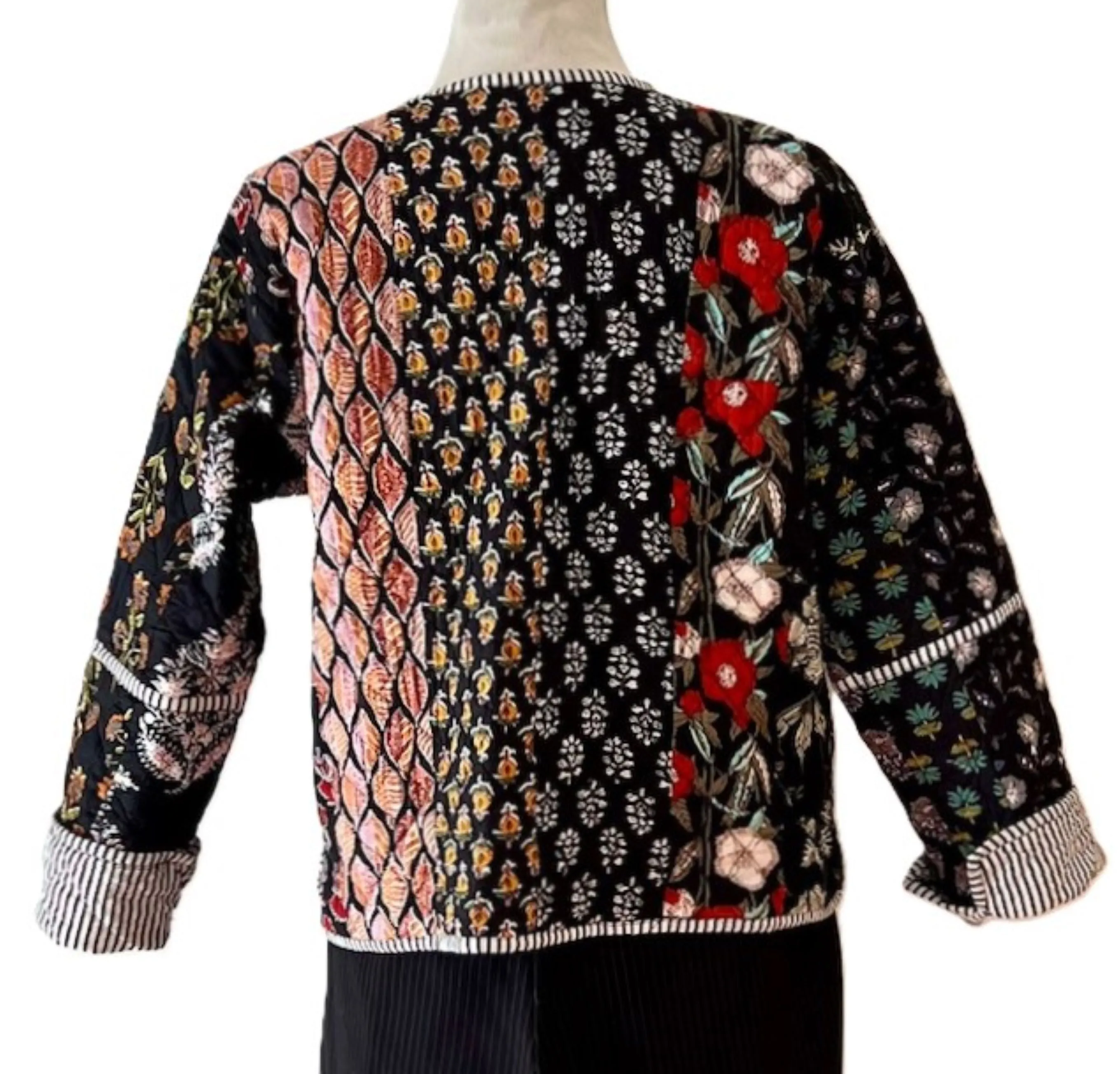 Luxe Reversible Cotton Quilted  Womens Jacket With Stripe Piping (Black)