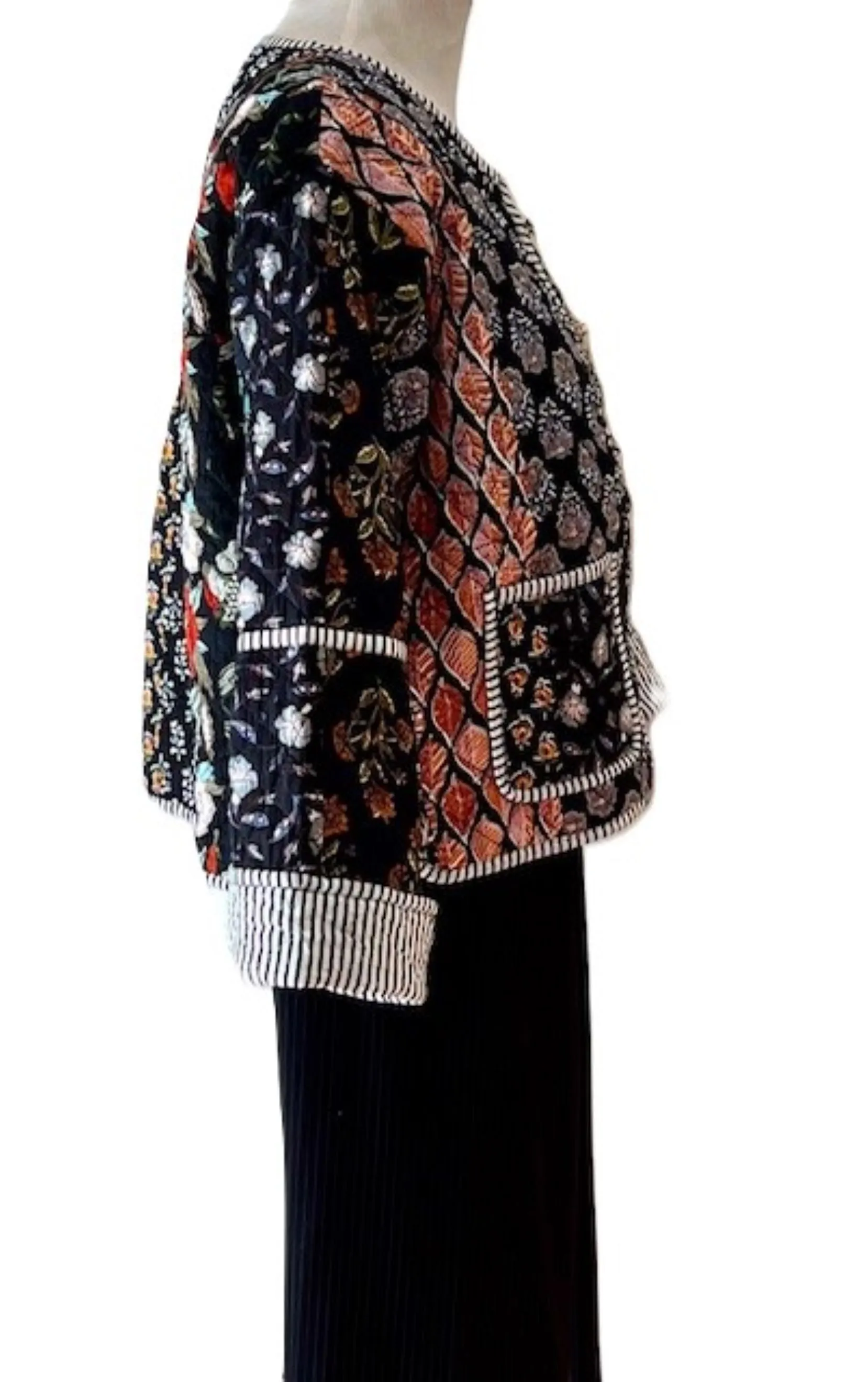 Luxe Reversible Cotton Quilted  Womens Jacket With Stripe Piping (Black)