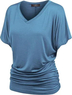 Made By Johnny Women's Casual Solid Short Sleeve Boat Neck/V Neck Dolman Top T Shirt with Side Shirring