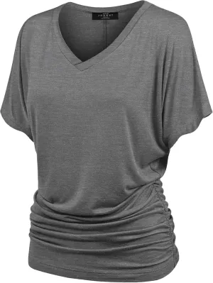 Made By Johnny Women's Casual Solid Short Sleeve Boat Neck/V Neck Dolman Top T Shirt with Side Shirring