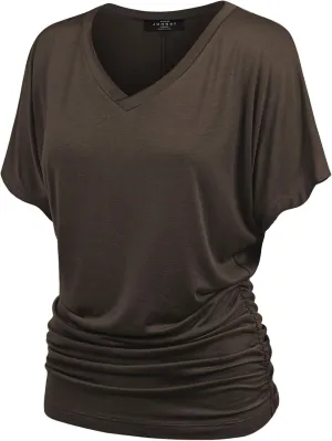 Made By Johnny Women's Casual Solid Short Sleeve Boat Neck/V Neck Dolman Top T Shirt with Side Shirring