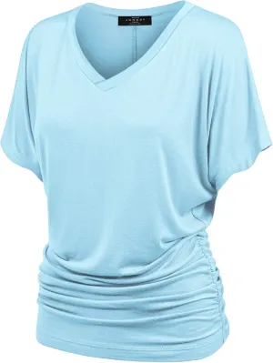Made By Johnny Women's Casual Solid Short Sleeve Boat Neck/V Neck Dolman Top T Shirt with Side Shirring