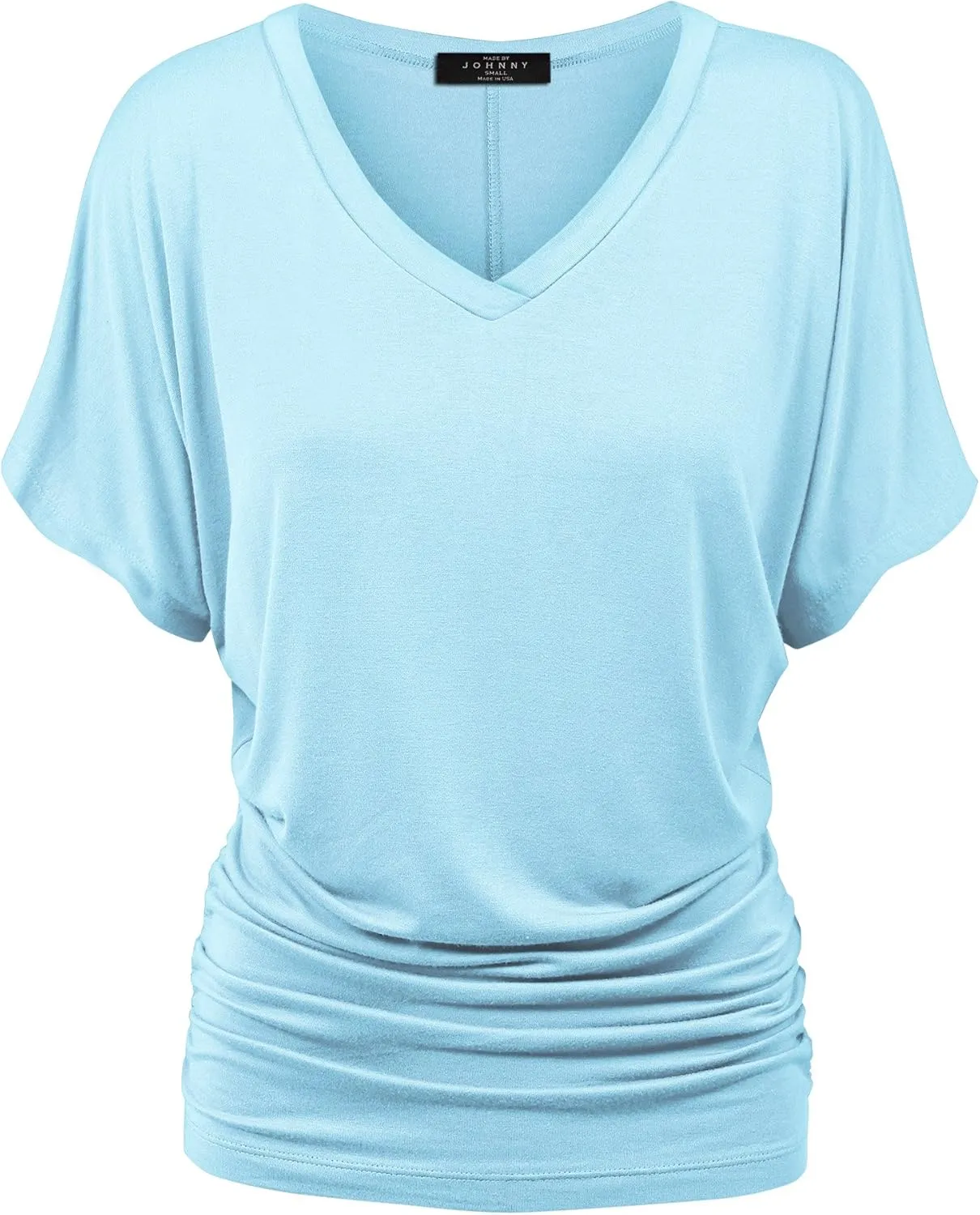 Made By Johnny Women's Casual Solid Short Sleeve Boat Neck/V Neck Dolman Top T Shirt with Side Shirring