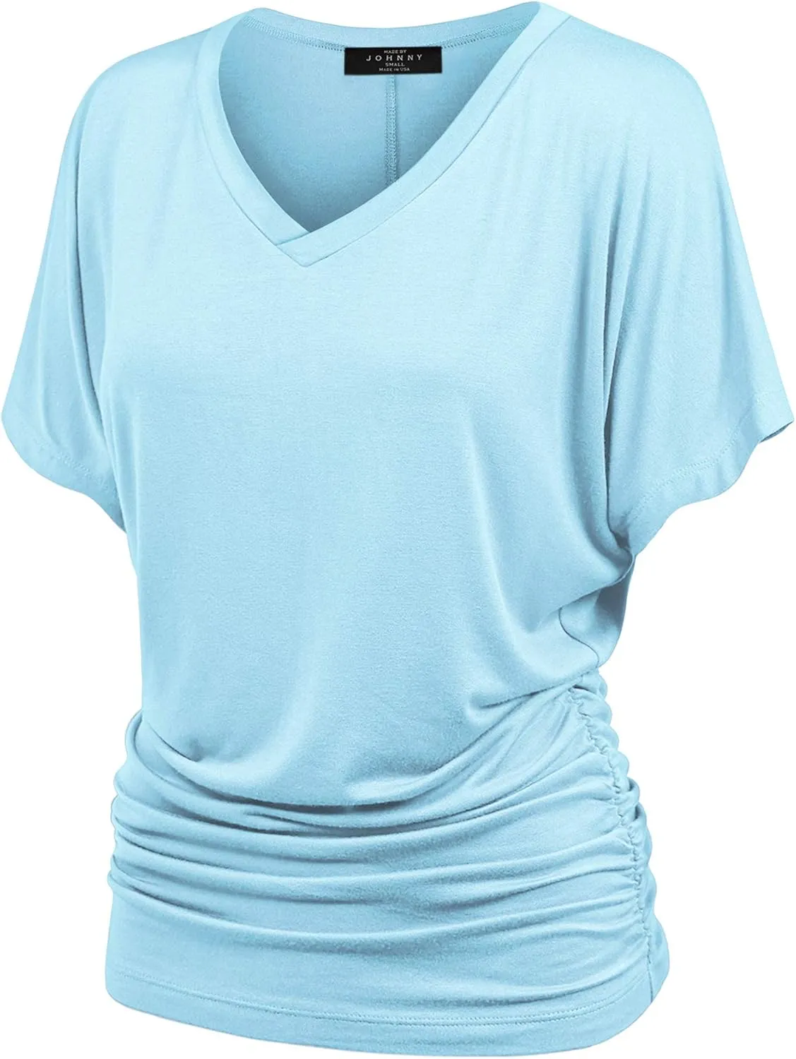 Made By Johnny Women's Casual Solid Short Sleeve Boat Neck/V Neck Dolman Top T Shirt with Side Shirring