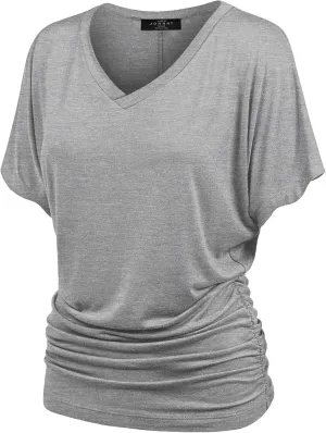 Made By Johnny Women's Casual Solid Short Sleeve Boat Neck/V Neck Dolman Top T Shirt with Side Shirring