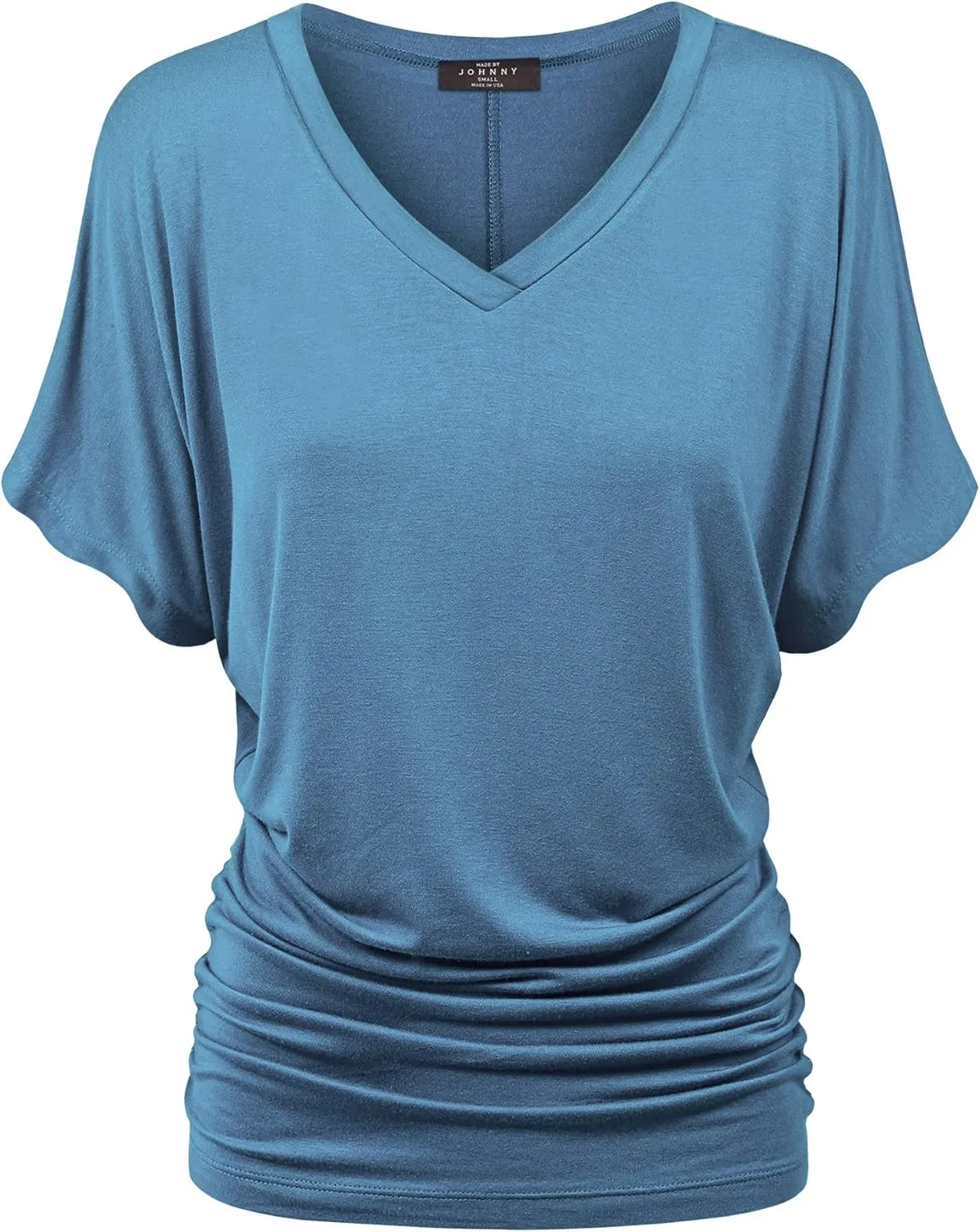 Made By Johnny Women's Casual Solid Short Sleeve Boat Neck/V Neck Dolman Top T Shirt with Side Shirring