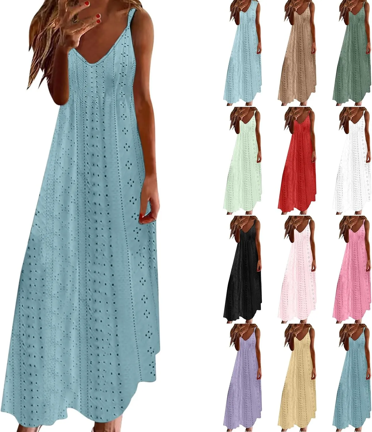 Maxi Long Dresses for Women 2025 Trendy Summer Casual V Neck Hollow Out Eyelet A Line Flowy Beach Vacation Dress
