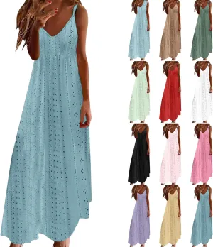Maxi Long Dresses for Women 2025 Trendy Summer Casual V Neck Hollow Out Eyelet A Line Flowy Beach Vacation Dress