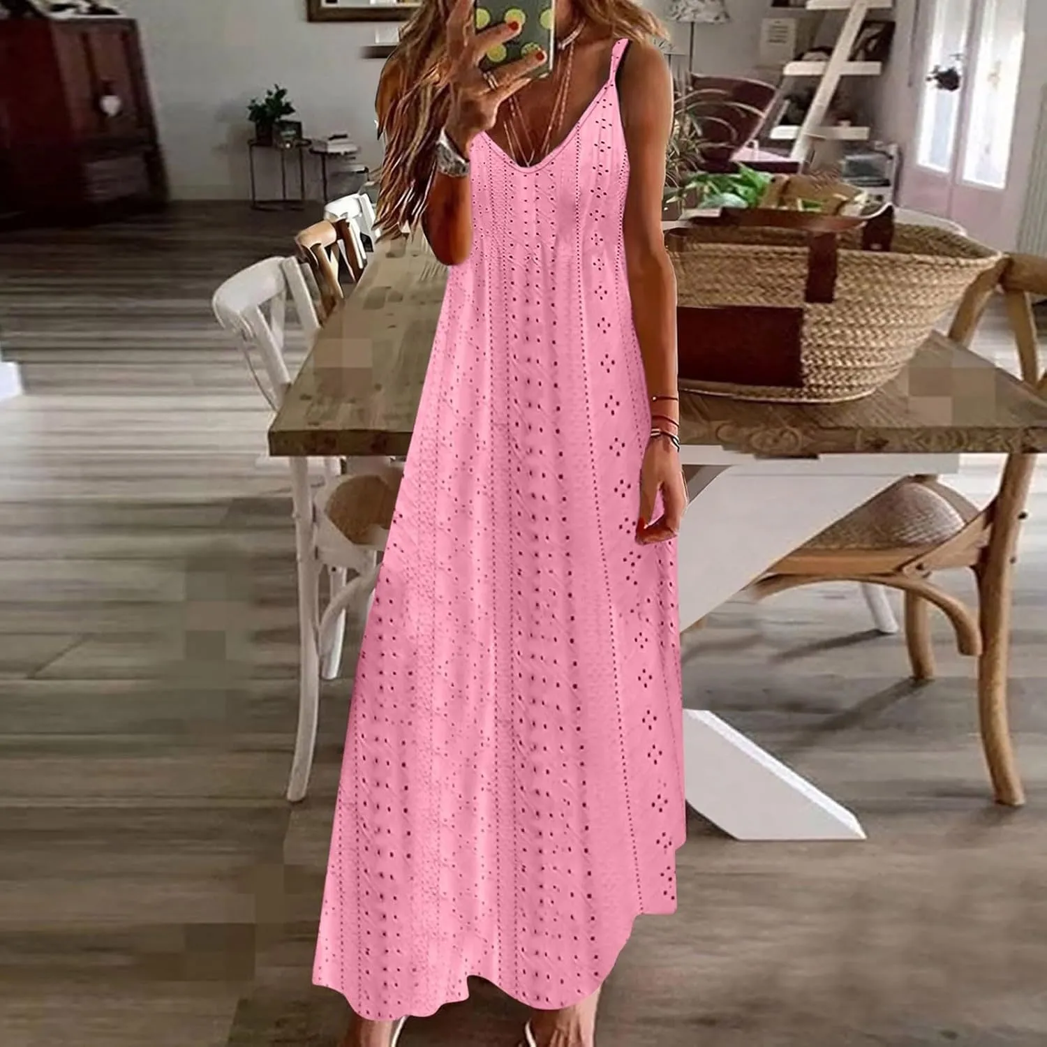 Maxi Long Dresses for Women 2025 Trendy Summer Casual V Neck Hollow Out Eyelet A Line Flowy Beach Vacation Dress