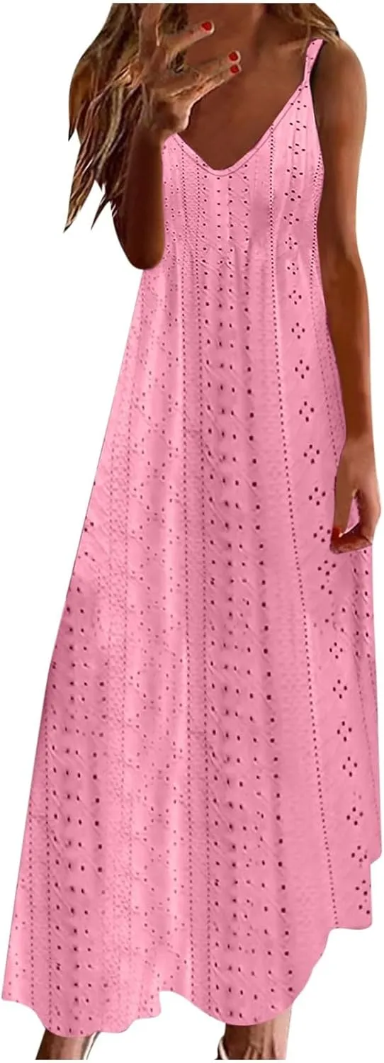 Maxi Long Dresses for Women 2025 Trendy Summer Casual V Neck Hollow Out Eyelet A Line Flowy Beach Vacation Dress