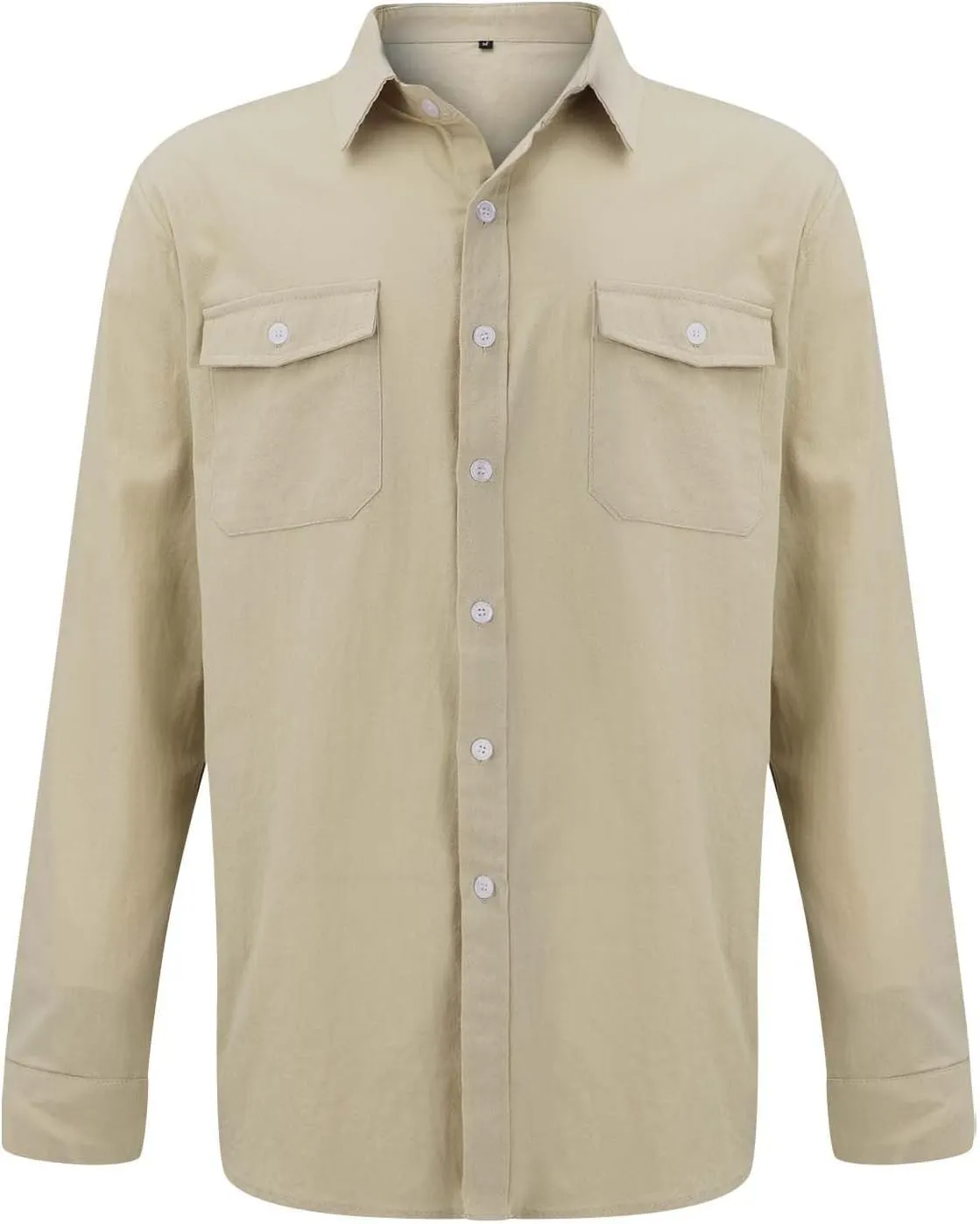 Men Casual Long Sleeve Linen Shirts Solid Button Down Double Pockets Work Shirt Lingtweight Soft Fall Outdoor Tee Top