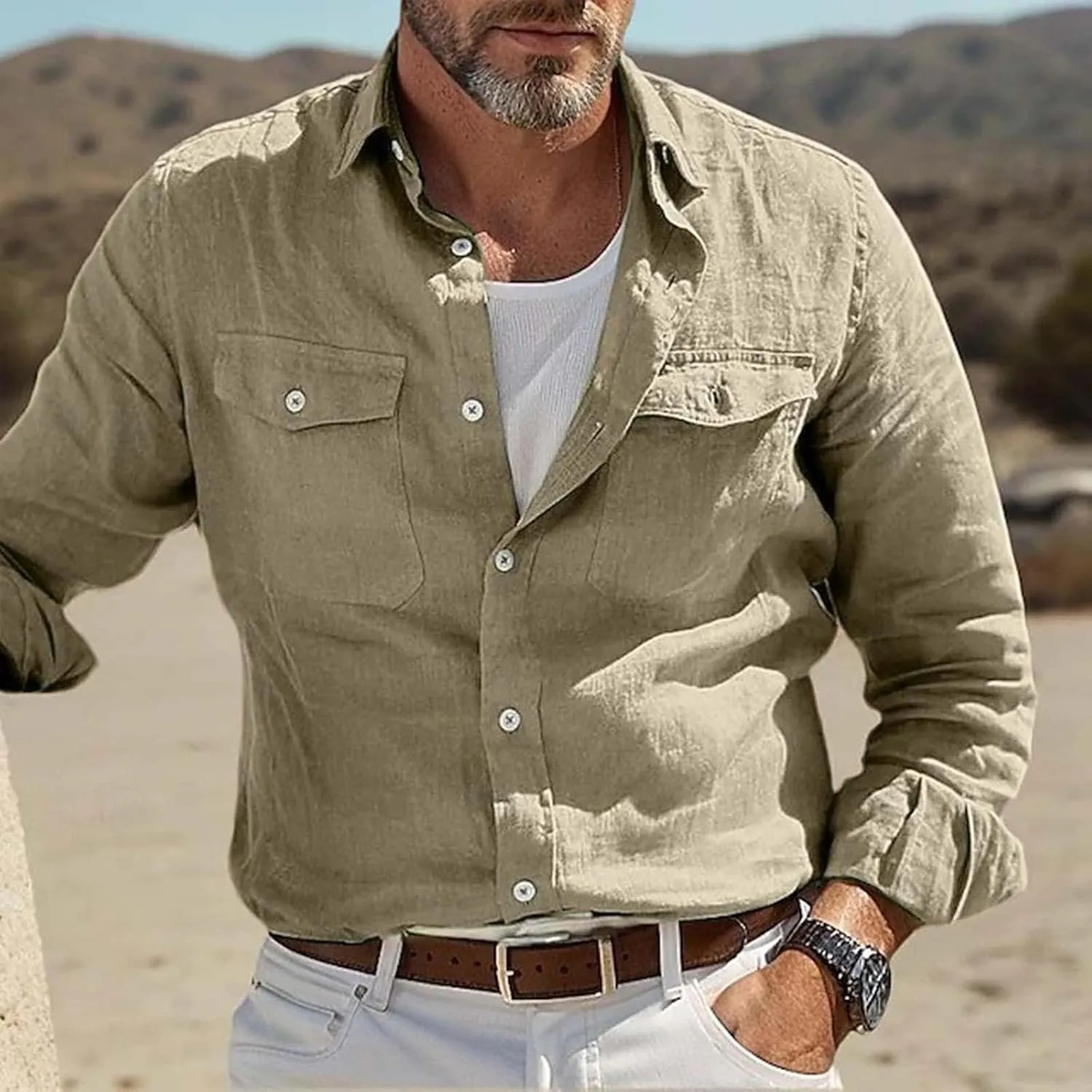 Men Casual Long Sleeve Linen Shirts Solid Button Down Double Pockets Work Shirt Lingtweight Soft Fall Outdoor Tee Top