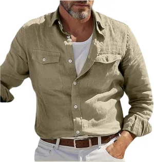 Men Casual Long Sleeve Linen Shirts Solid Button Down Double Pockets Work Shirt Lingtweight Soft Fall Outdoor Tee Top