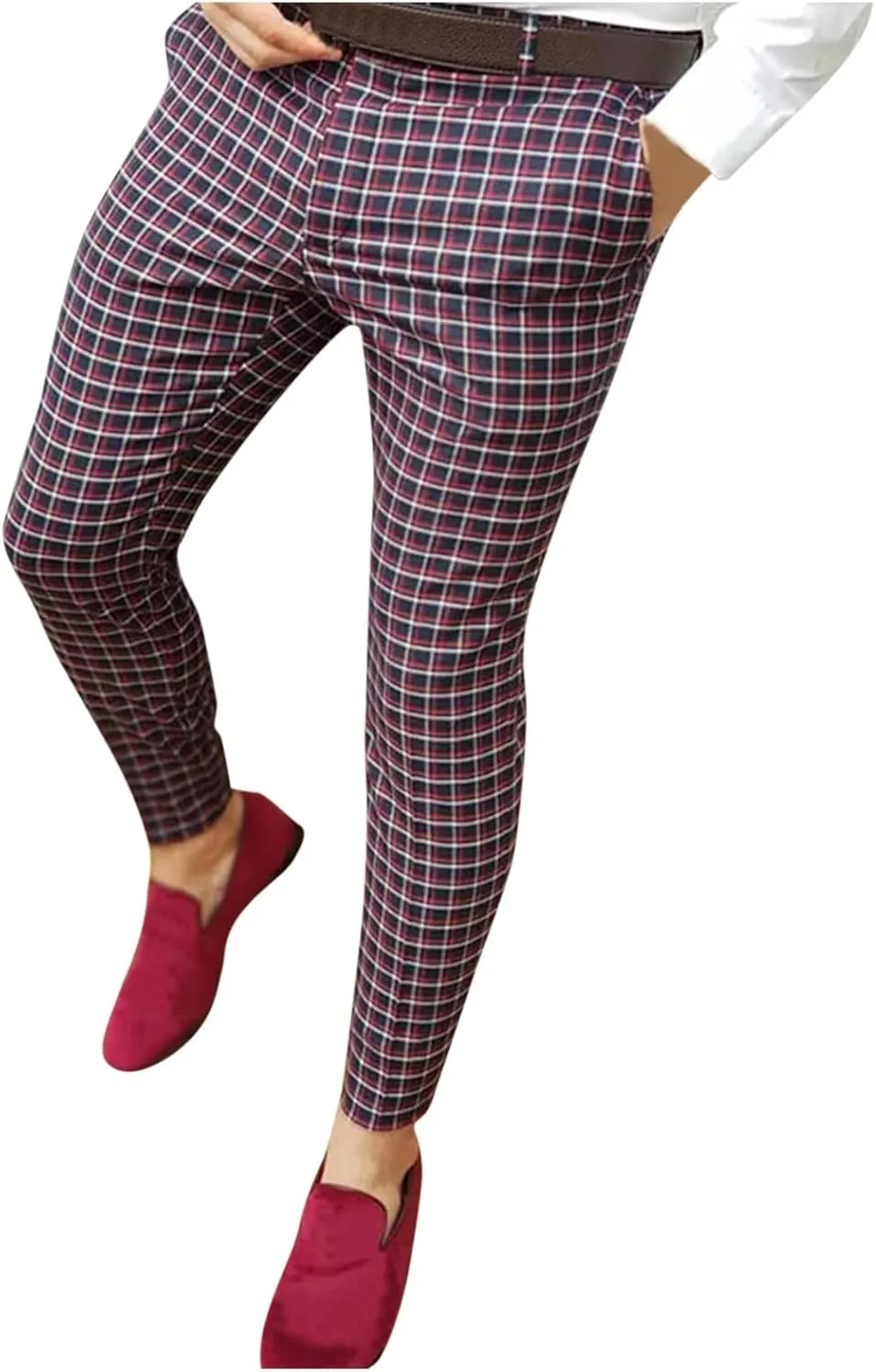 Mens Chinos Pants Plaid Striped Slim Fit Stretch Flat-Front Skinny Dress Pants Business Work Casual Zip Pencil Trousers Wine