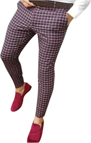 Mens Chinos Pants Plaid Striped Slim Fit Stretch Flat-Front Skinny Dress Pants Business Work Casual Zip Pencil Trousers Wine