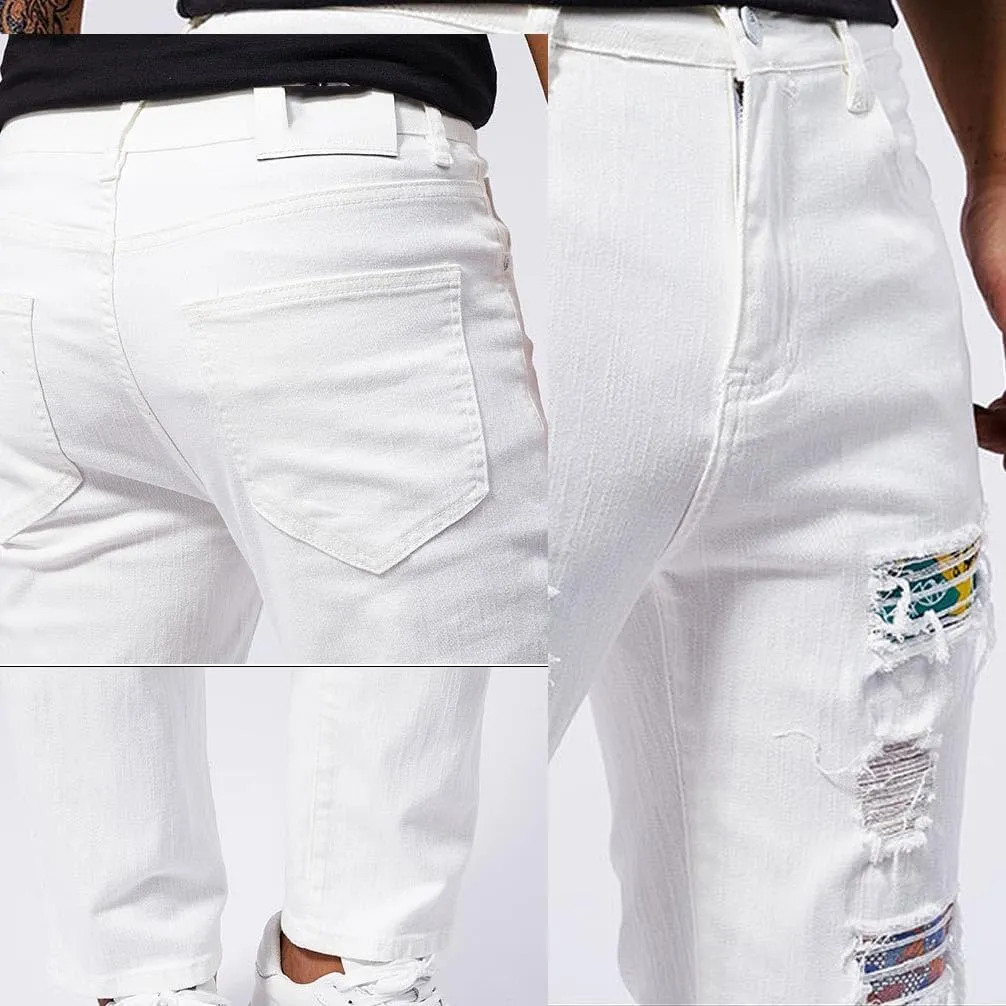 Mens Denim Pants Casual Stylish Work Tapered Distressed Ripped Jeans Vintage Slim Fit Stretch Jeans Pants Streetwear