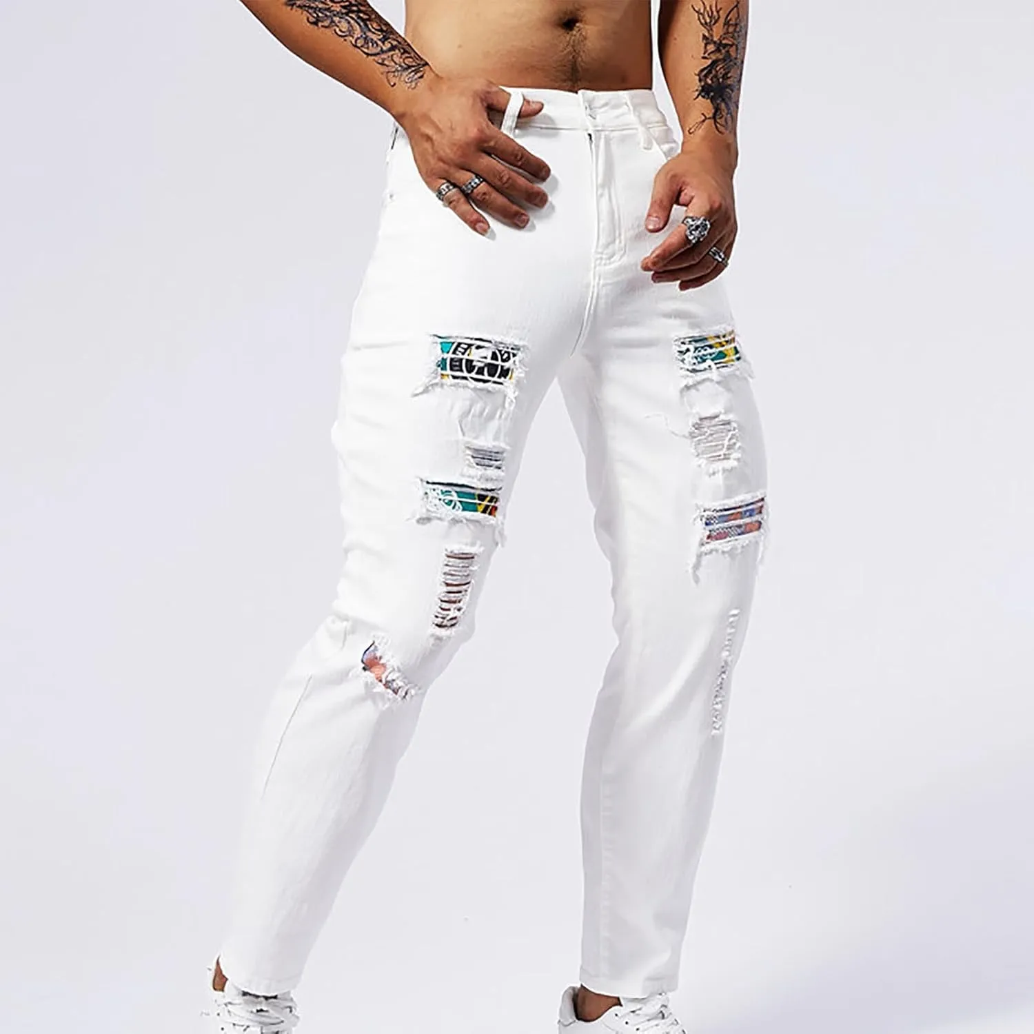 Mens Denim Pants Casual Stylish Work Tapered Distressed Ripped Jeans Vintage Slim Fit Stretch Jeans Pants Streetwear