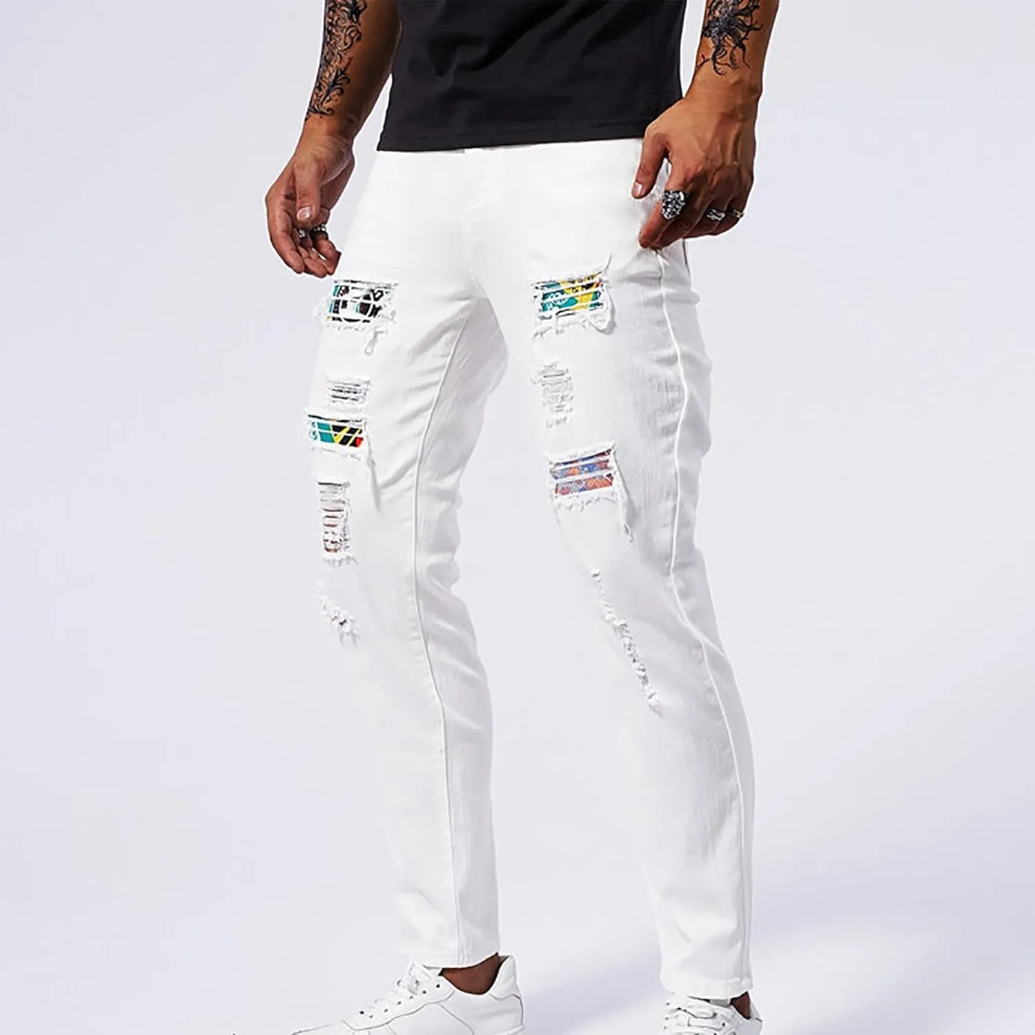 Mens Denim Pants Casual Stylish Work Tapered Distressed Ripped Jeans Vintage Slim Fit Stretch Jeans Pants Streetwear