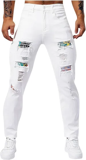 Mens Denim Pants Casual Stylish Work Tapered Distressed Ripped Jeans Vintage Slim Fit Stretch Jeans Pants Streetwear