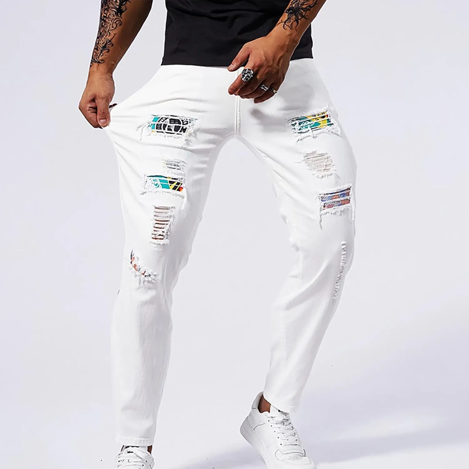 Mens Denim Pants Casual Stylish Work Tapered Distressed Ripped Jeans Vintage Slim Fit Stretch Jeans Pants Streetwear