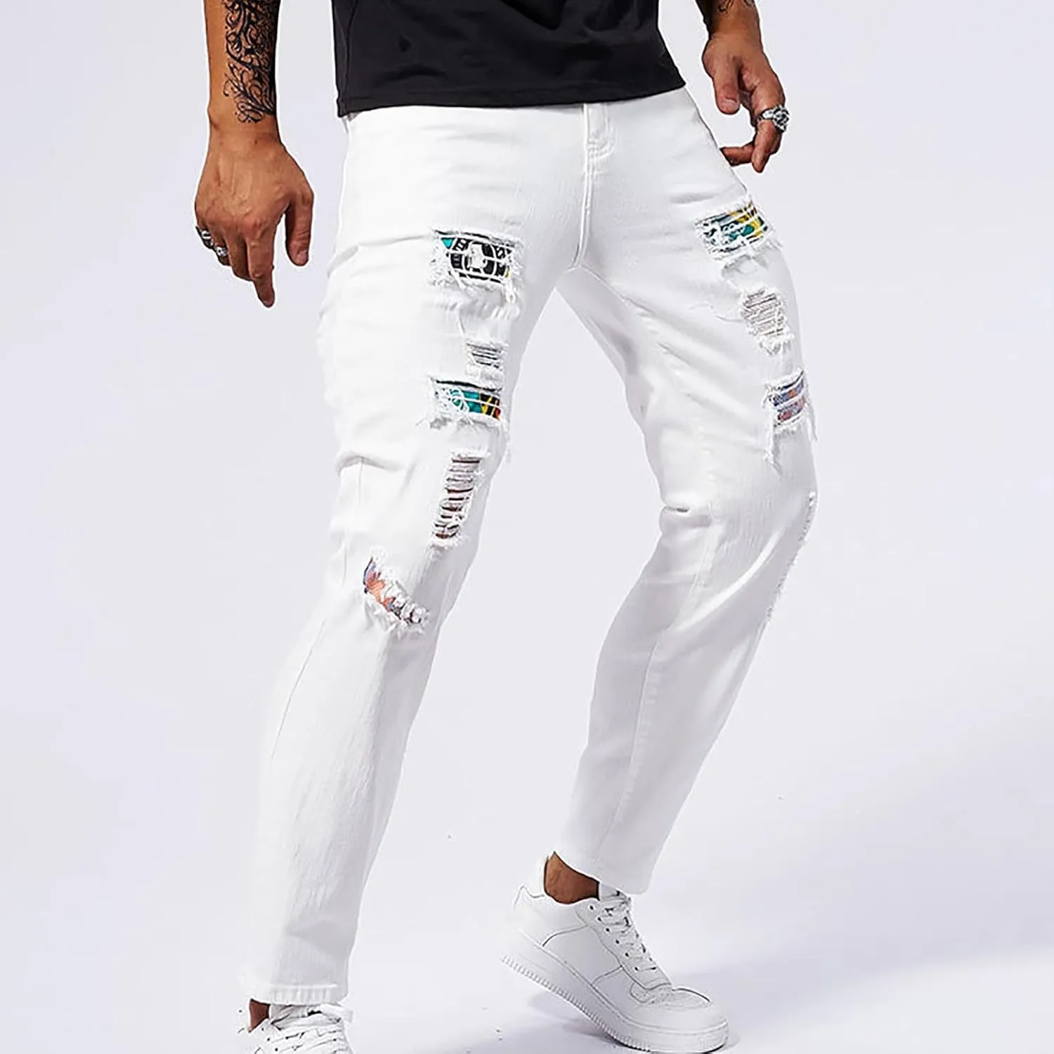 Mens Denim Pants Casual Stylish Work Tapered Distressed Ripped Jeans Vintage Slim Fit Stretch Jeans Pants Streetwear