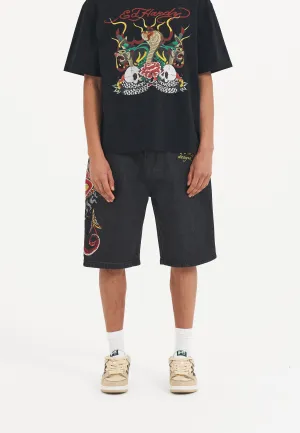 Mens Devil Mermaid Denim Jorts Shorts - Black