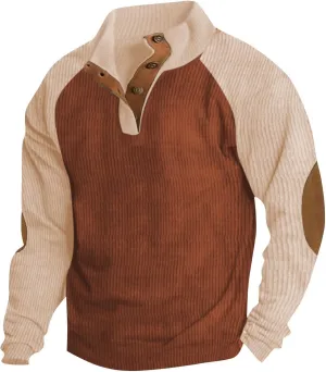 Mens Fall Sweatshirt Stand Collar Fashion Pullover Vintage Long Sleeve Casual Button Corduroy Sweaters