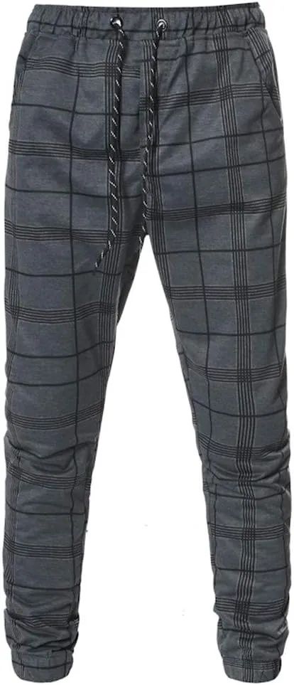 Men's Fashion Striped Plaid Joggers Sweatpants Stretch Slim Fit Casual Skinny Pants Pocket Elastic Waistband Street Trousers