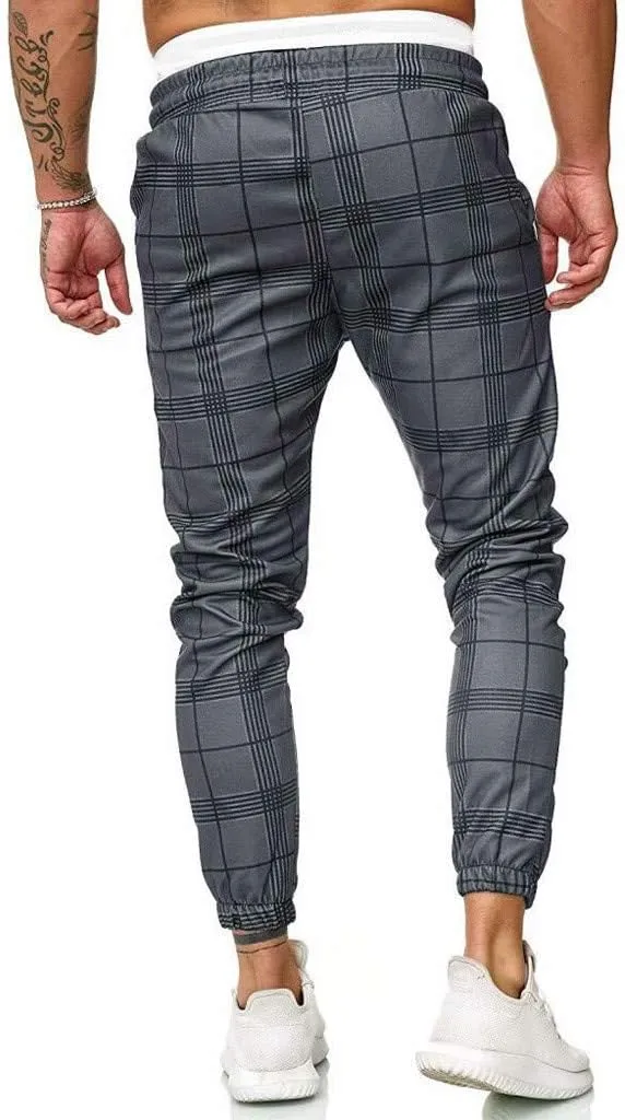 Men's Fashion Striped Plaid Joggers Sweatpants Stretch Slim Fit Casual Skinny Pants Pocket Elastic Waistband Street Trousers