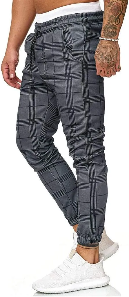 Men's Fashion Striped Plaid Joggers Sweatpants Stretch Slim Fit Casual Skinny Pants Pocket Elastic Waistband Street Trousers