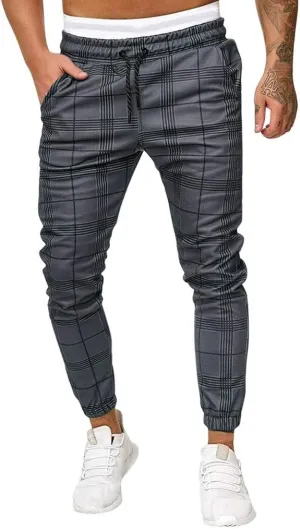 Men's Fashion Striped Plaid Joggers Sweatpants Stretch Slim Fit Casual Skinny Pants Pocket Elastic Waistband Street Trousers