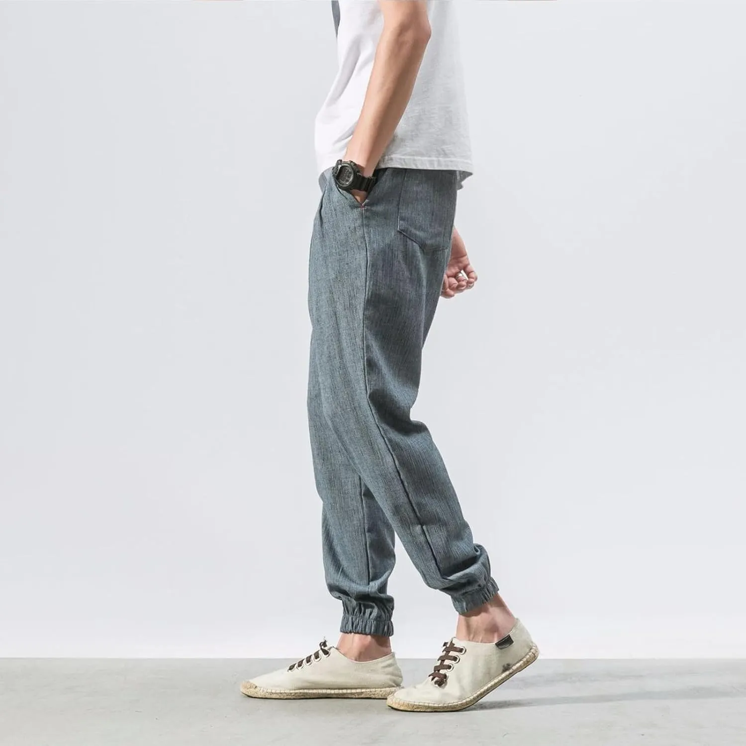Mens Lantern Casual Pants Loose Fit Hiking Trousers Cotton Linen Trendy Harlen Pants Drawstring Waist Tapered Pants