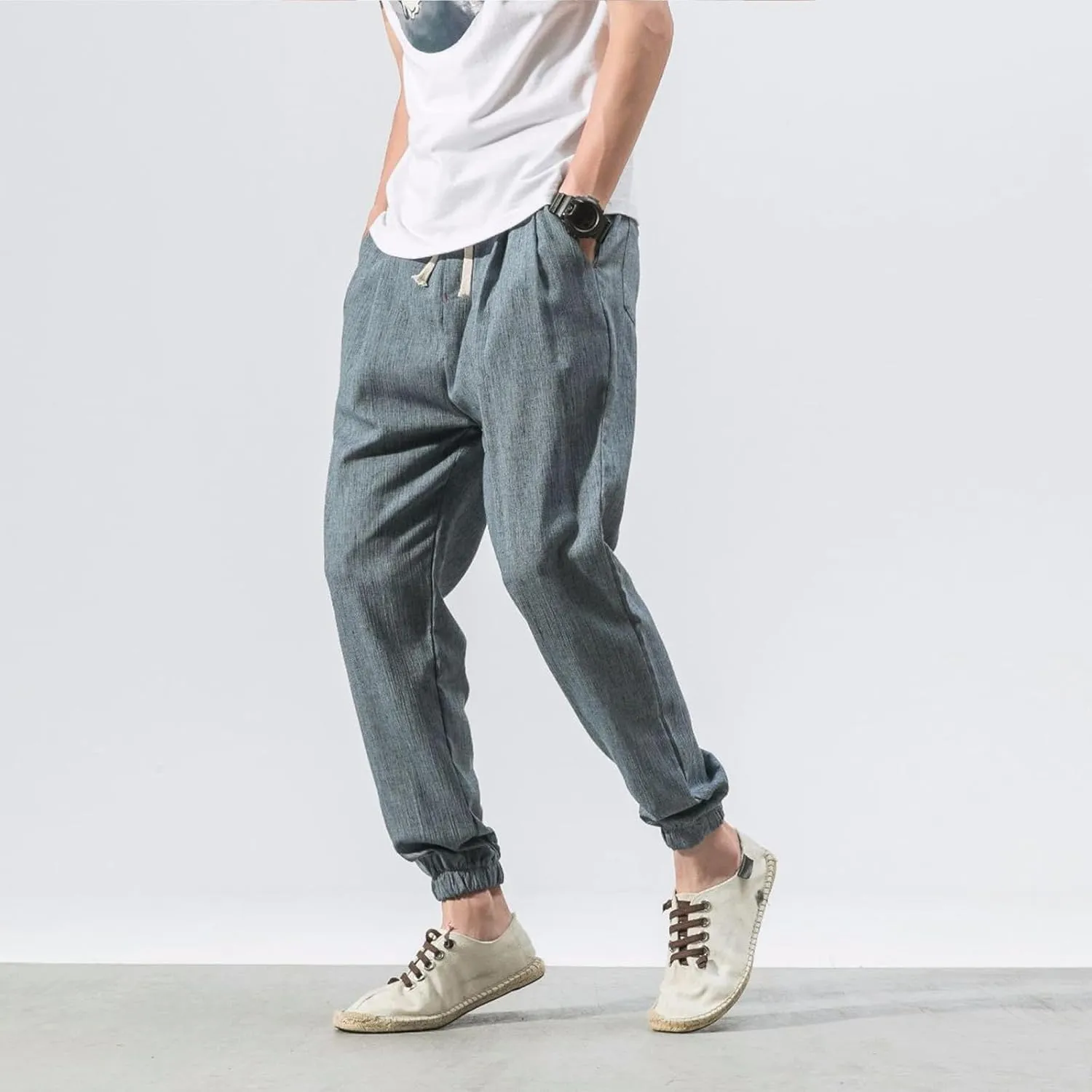 Mens Lantern Casual Pants Loose Fit Hiking Trousers Cotton Linen Trendy Harlen Pants Drawstring Waist Tapered Pants