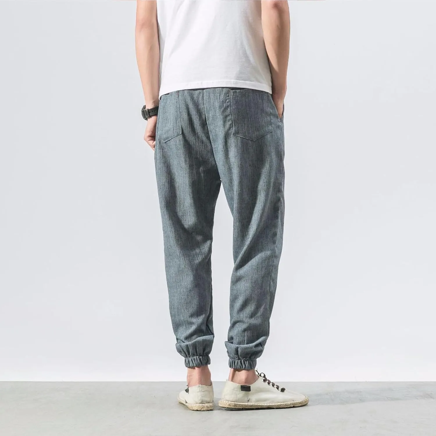 Mens Lantern Casual Pants Loose Fit Hiking Trousers Cotton Linen Trendy Harlen Pants Drawstring Waist Tapered Pants