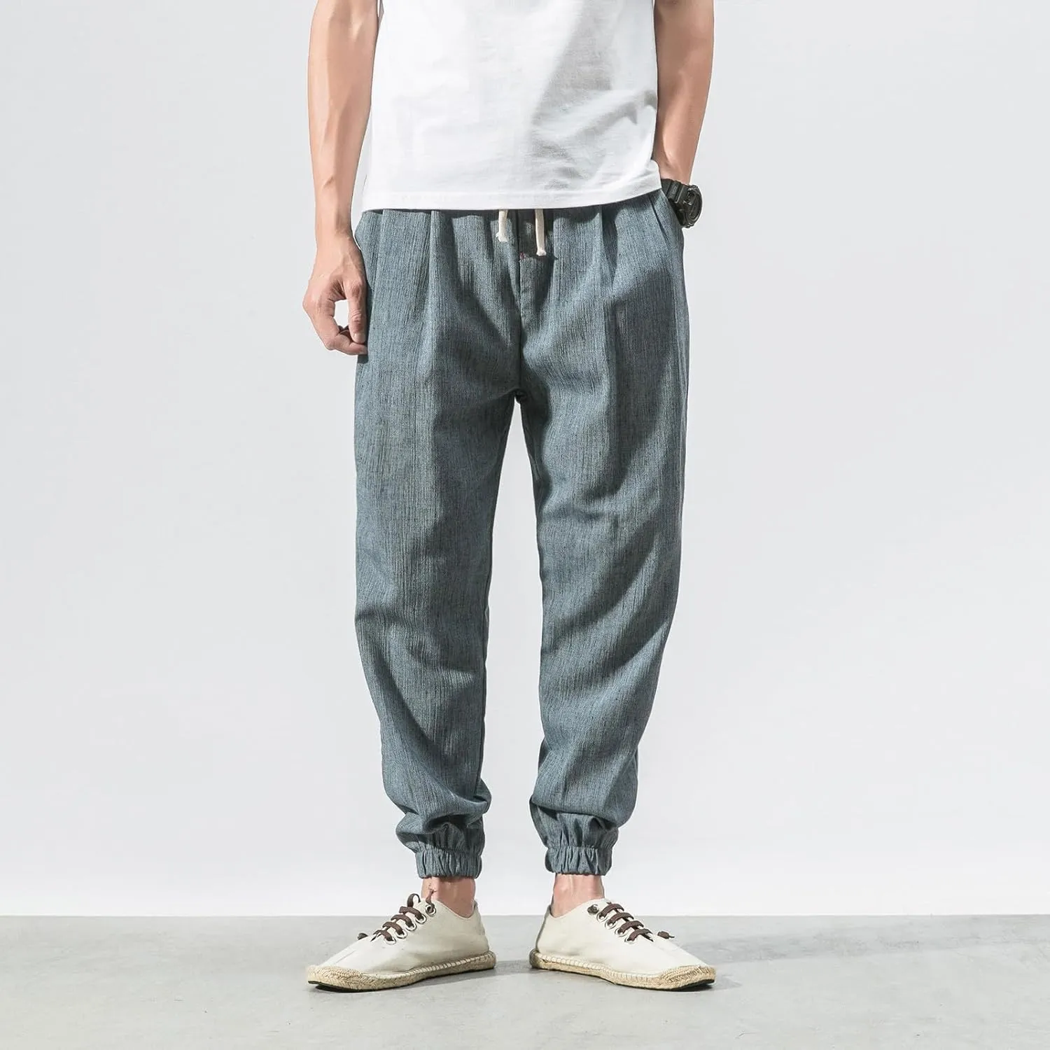 Mens Lantern Casual Pants Loose Fit Hiking Trousers Cotton Linen Trendy Harlen Pants Drawstring Waist Tapered Pants