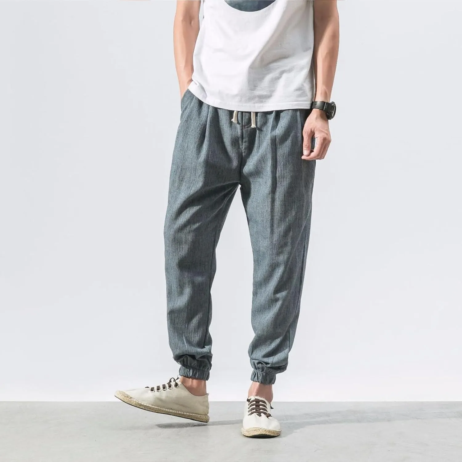 Mens Lantern Casual Pants Loose Fit Hiking Trousers Cotton Linen Trendy Harlen Pants Drawstring Waist Tapered Pants