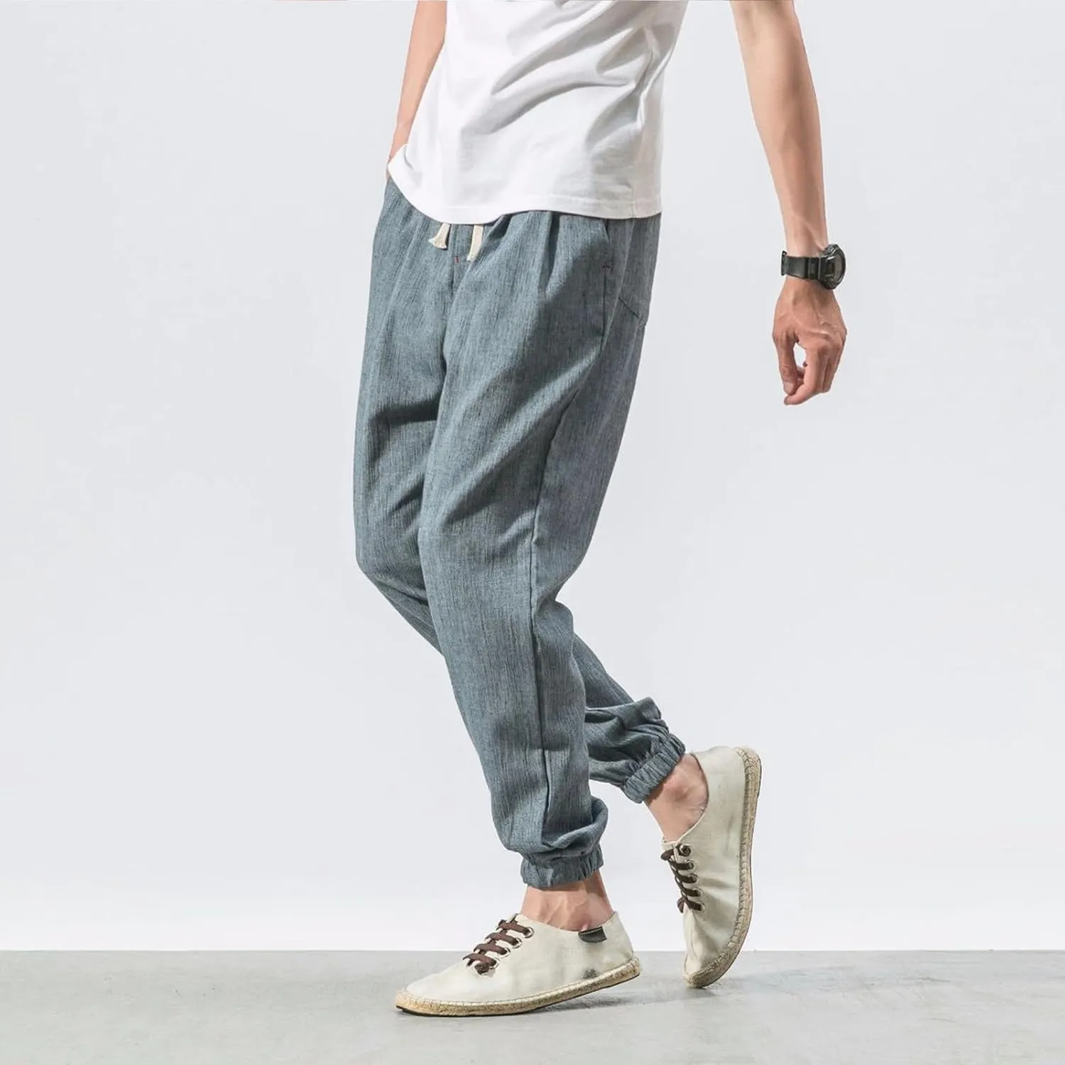 Mens Lantern Casual Pants Loose Fit Hiking Trousers Cotton Linen Trendy Harlen Pants Drawstring Waist Tapered Pants