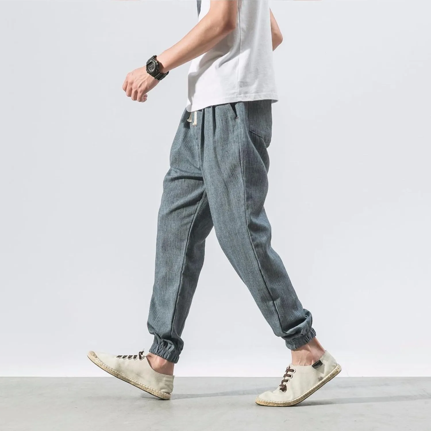 Mens Lantern Casual Pants Loose Fit Hiking Trousers Cotton Linen Trendy Harlen Pants Drawstring Waist Tapered Pants