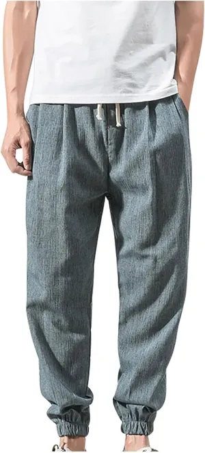 Mens Lantern Casual Pants Loose Fit Hiking Trousers Cotton Linen Trendy Harlen Pants Drawstring Waist Tapered Pants