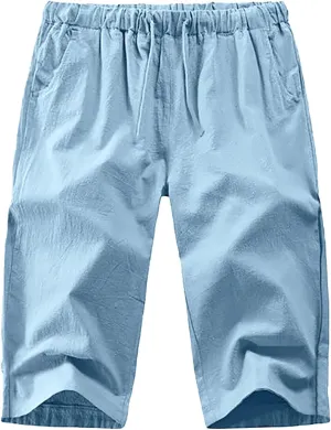 Men's Linen Capri Pants Beach Yoga Baggy 3/4 Shorts Casual Drawstring Summer Wide Leg Pants with Pockets